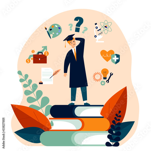 Puzzled student making choice about his future career path flat vector illustration. Young guy choosing college and needing guide from advisor. Education and university concept.