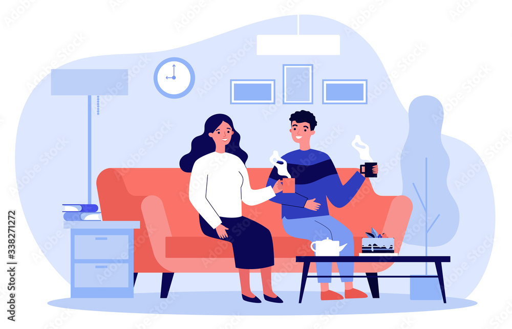 Couple in love sitting together at sofa with cups of coffee and talking flat vector illustration. Man and woman living in apartment Romantic relations and home concept