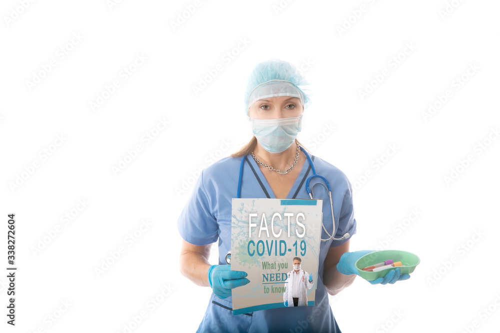 COVID-19 - Nurse hospital pathologist holds a brochure and blood tubes COVID-19 - Nurse hospital pathologist holds a brochure and blood tubes