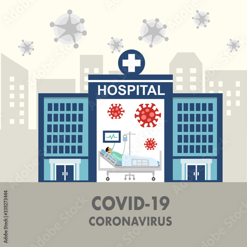 Covid-19 Coronavirus infected patient in hospital. Coronavirus quarantine patient treatment concept vector illustration. Covid-19 pandemic disease in flat design.