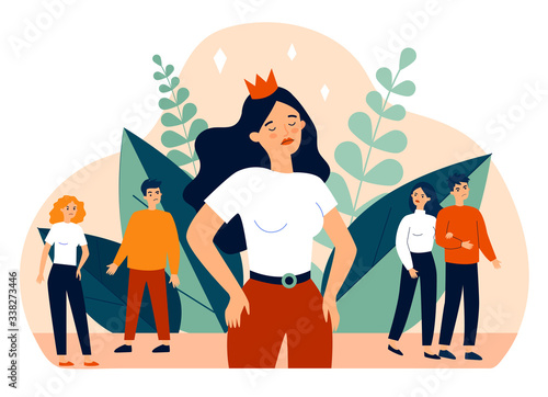 Selfish girl and society flat vector illustration. Arrogant young woman not seeing angry people. Social problem and communication concept.