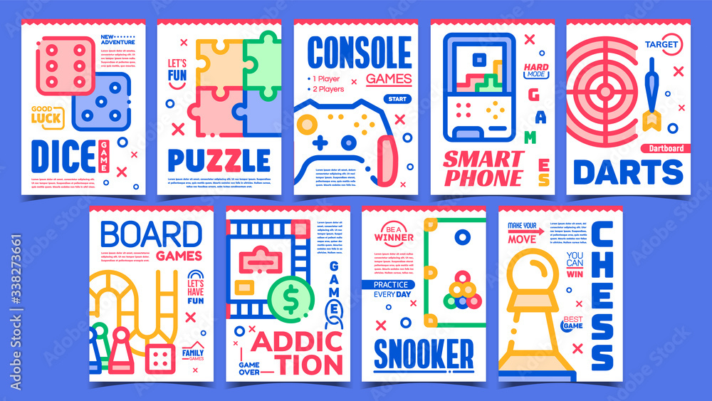 Games Creative Advertising Posters Set Vector. Smartphone And Console, Puzzle And Chess, Snooker And Darts, Addiction And Board Games. Concept Template Stylish Colorful Illustrations Games Creative Advertising Posters Set Vector. Smartphone And Console, Puzzle And Chess, Snooker And Darts, Addiction And Board Games. Concept Template Stylish Colorful Illustrations