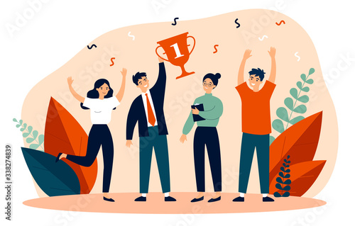 Happy business team winning prize. Winners celebrating achievement and holding trophy cup. Vector illustration for teamwork, award, corporate success concept