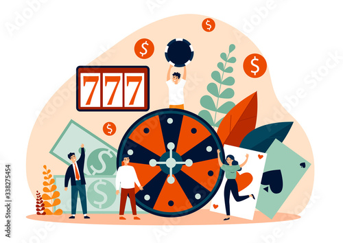 Happy people playing poker. Gamblers with chips and cards gathering at roulette, winning money. Vector illustration for online casino, gamble, risk concept