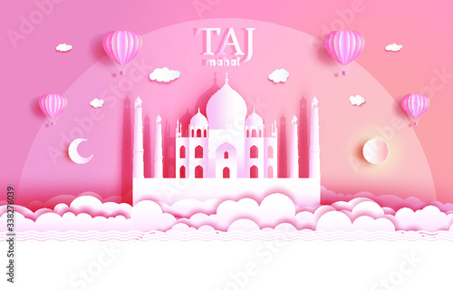 Modern art, symbol, logo. World famous landmark series, Taj Mahal the main tourist attraction in Agra and ancient palace in India, Vector illustration on pink with sunrise and sunset paper cut style.