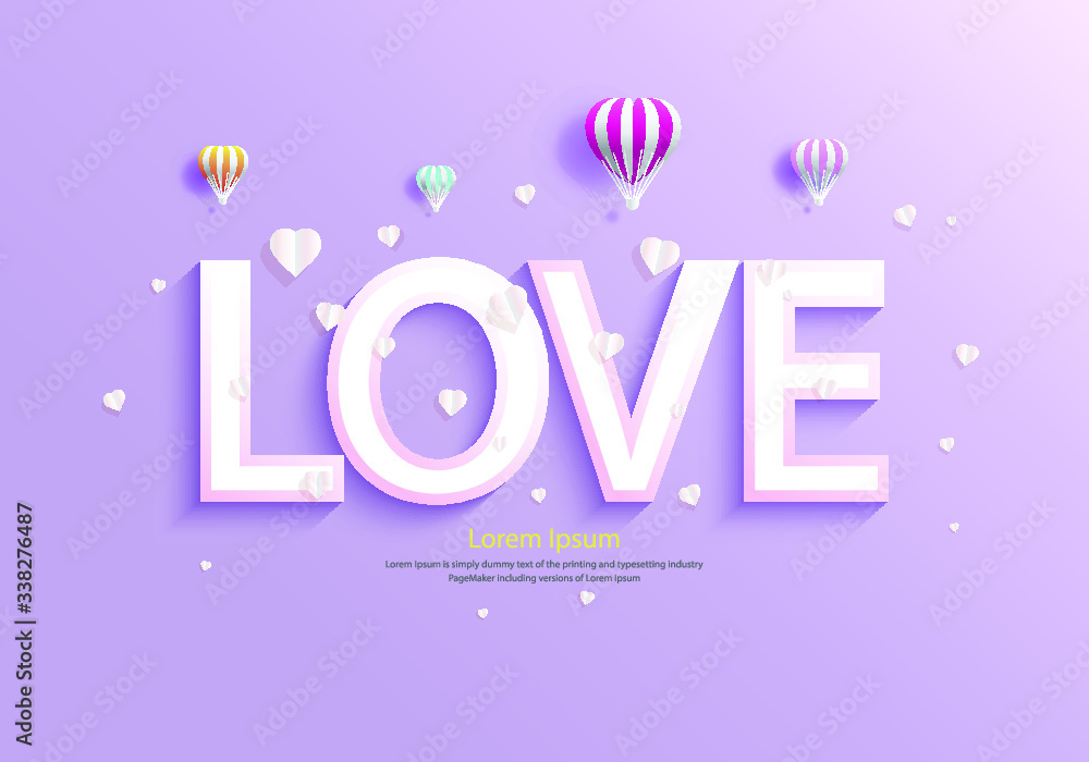 Love with balloons and Heart on purple background, For Wallpaper, flyer, invitation, card, posters, postcard, brochure, banner, advertising, paper cut, Vector illustration color 3d text style effect.