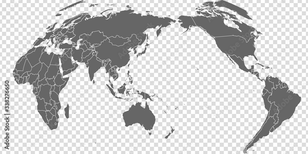 Naklejka Mapa świata wektor. Szary podobny mapa świata puste wektor na przezroczystym tle. Szara, podobna sferyczna mapa świata z granicami wszystkich krajów. Mapa świata skupiona w Australii i Oceanii. EPS10.