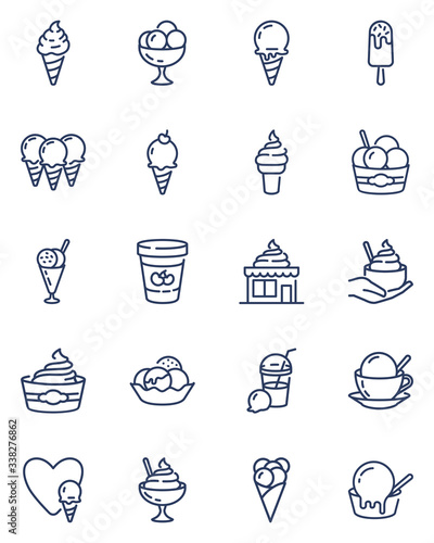 Ice cream line icons set. Frozen yogurt, milkshake, cones, bowls and buckets with spoon and scoops. Thin icons can be used for dessert, summer, refreshment, cafe concept