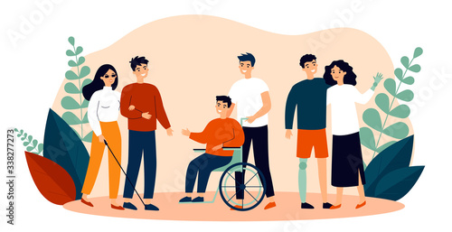 Volunteers helping disabled people. Group of men and women with special needs, on wheelchair, with prosthesis. Vector illustration for support, diversity, disability, lifestyle concept