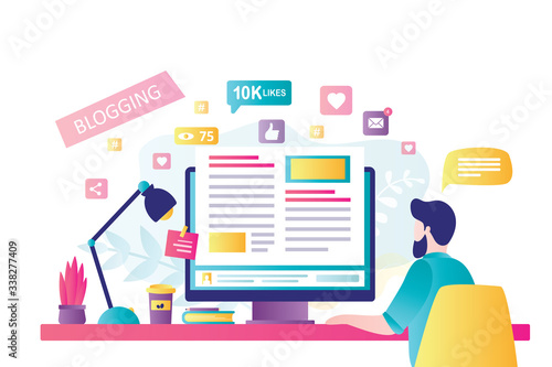 Content development for online news, blogs and website, copywriting concept. Man blogger or copywritter on modern workplace.