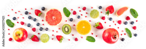 Fresh summer fruit panorama  a flat lay on a white background  vibrant food pattern  shot from the top