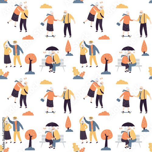 Seamless pattern with cute elderly couples. Old people spending time together.