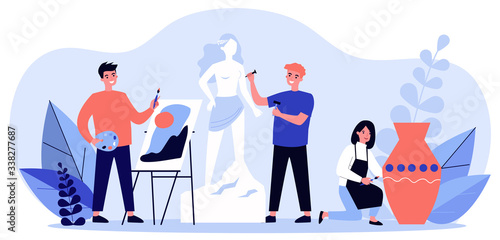 People from artists community creating artworks flat vector illustration. Cartoon characters painting, drawing and sculpting at workshop. Studio residence, graphic design and art concept