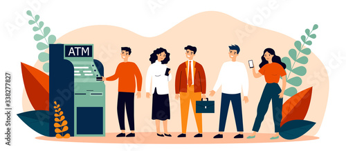 Queue of bank clients standing at ATM. People standing in line for using their credit card for transactions. Vector illustration for finance, money withdraw, currency concept