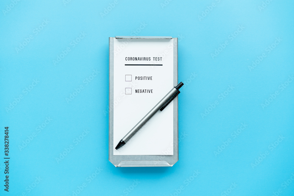 corona virus test result document on blue background corona virus test result document on blue background