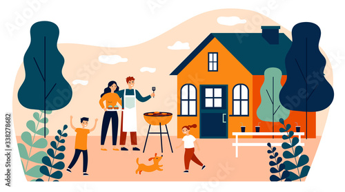 Happy family doing barbecue at garden flat vector illustration. Mother and father cooking outdoor near house. Kids playing with dog at backyard. BBQ party and weekend concept