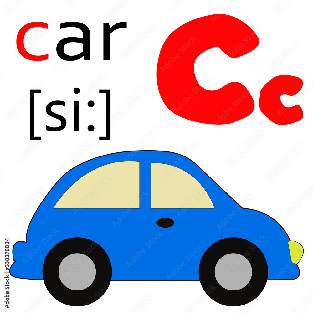 English alphabet letter C with a picture word and transcription