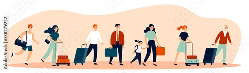 Happy tourists with suitcases walking together flat vector illustration. Group of people travelling abroad. Family with bags going from airport. Men and women during trip. Tourism and journey concept