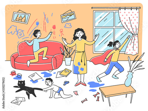 Calm mother meditating in chaos flat vector illustration. Mischievous and naughty children playing and destroying room. Parenting and behavior concept