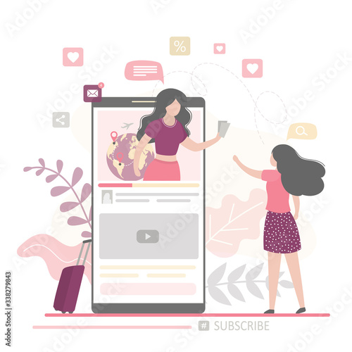 Travel blog page and female vlogger on smartphone screen. Consumer follower watching video content on mobile phone.