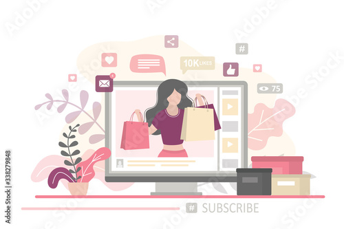 Beauty woman blogger takes shopping review on trendy fashion channel to her subscribers.