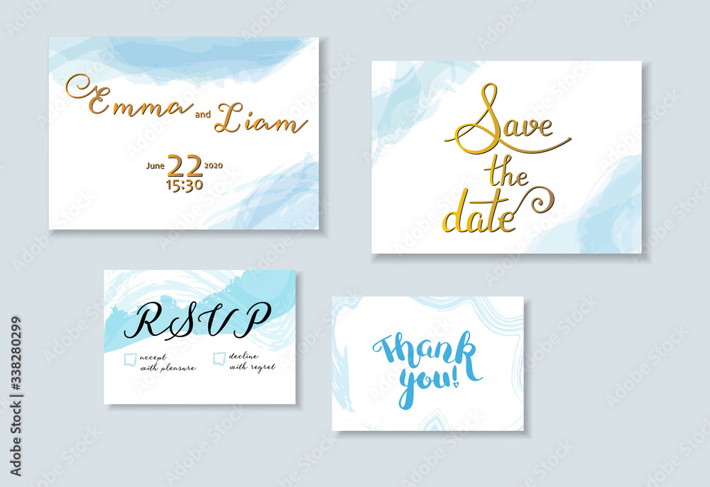 Vector wedding invitation set with Save the Date, RSVP and Thank You cards, suitable for hot foil stamping, with elegant letteting and watercolor brush strokes