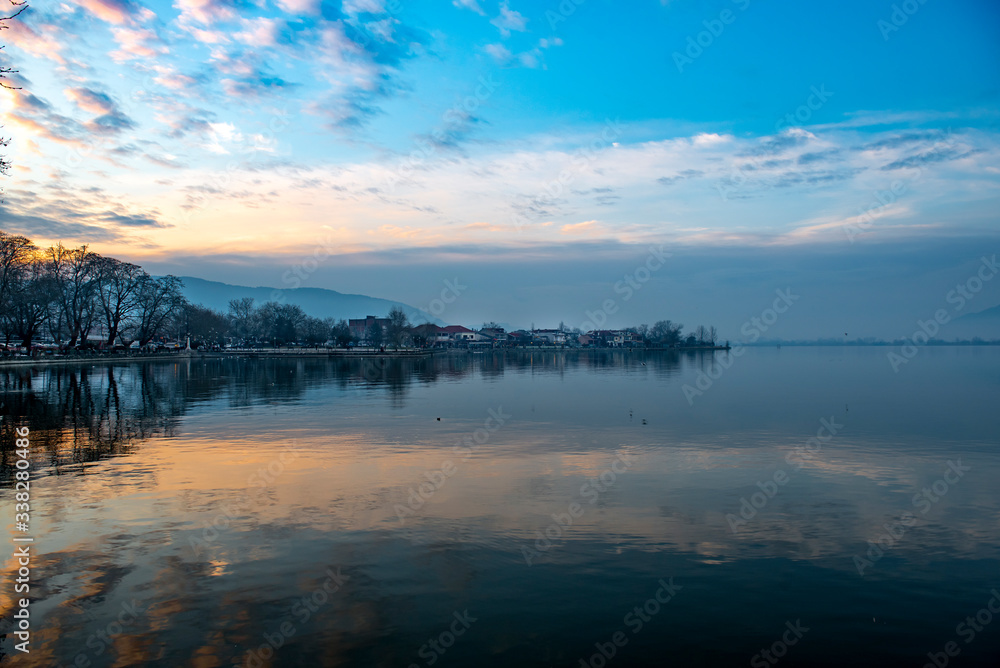 View to the lake Pamvotis in Ioannina city at sunset.Greece