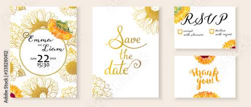 Vector wedding invitation set with Save the Date, RSVP and Thank You cards, suitable for hot foil stamping, with letteting and elegant watercolor flower drawings