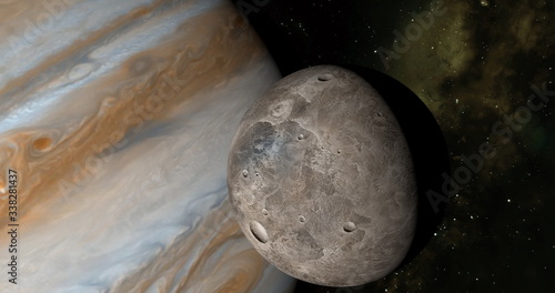 Jupiter planet and satellite Ganymede in rotation in the outer space. 3d rendering photo