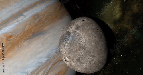 Obraz na płótnie Jupiter planet and satellite Ganymede in rotation in the outer space. 3d rendering w salonie