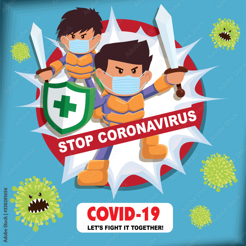 Vector cartoon hero character fighting with virus. COVID-19 Novel