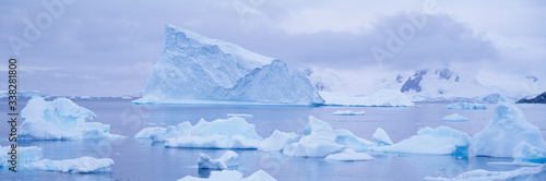 Panoramic view of glaciers and icebergs in Paradise Harbor, Antarctica © spiritofamerica