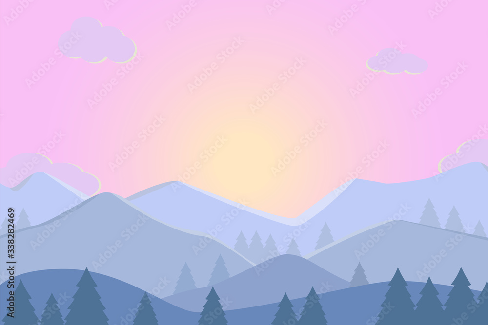 Vector illustration of Landscape Sunrise sunset in the mountains.