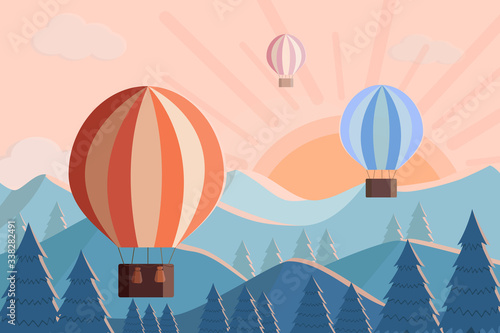 Hot air balloons fly at dawn in the mountains. Vector illustration of mountain Landscape and sunrise sunset.