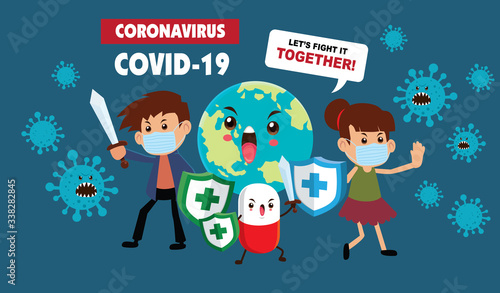 Vector cartoon hero character fighting with virus. COVID-19 Novel Coronavirus illustation. photo