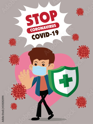 Vector cartoon hero character fighting with virus. COVID-19 Novel Coronavirus illustation. photo