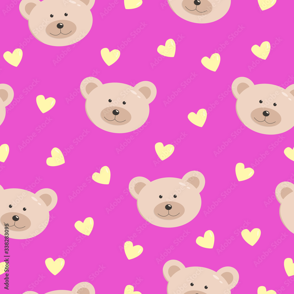 Seamless pattern of A funny bear Face and hearts on a pink background. Children's Wallpaper Vector illustration.