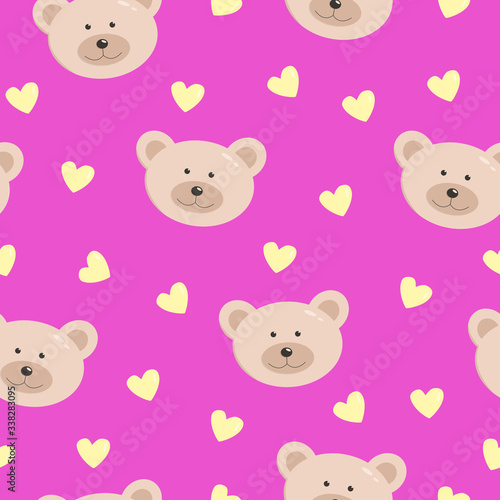 Fototapeta Naklejka Na Ścianę i Meble -  Seamless pattern of A funny bear Face and hearts on a pink background. Children's Wallpaper Vector illustration.