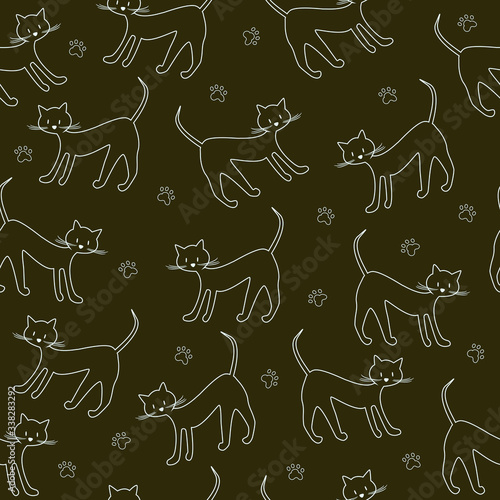 Seamless pattern of outlines of cats on a black background. Vector Wallpaper background.