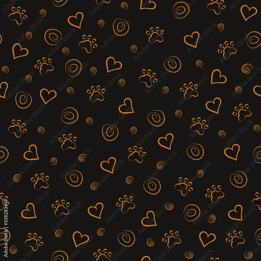 Seamless pattern of paw trace elements heart ornament. Background Wallpaper for children's clothing packaging design. The concept of love for animals. Seamless pattern of paw trace elements heart ornament. Background Wallpaper for children's clothing packaging design. The concept of love for animals.