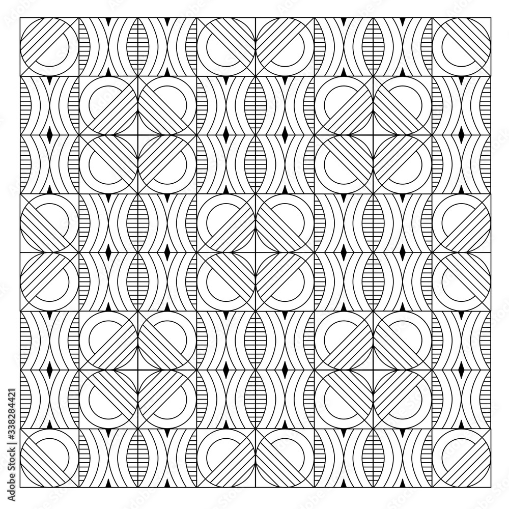 Fototapeta premium Seamless black and white geometries pattern in zentangle style. Basic and simple coloring book for adults, seniors, and beginner. Digital drawing. Floral. Flower. Oriental. Book Page. Hand drawing.