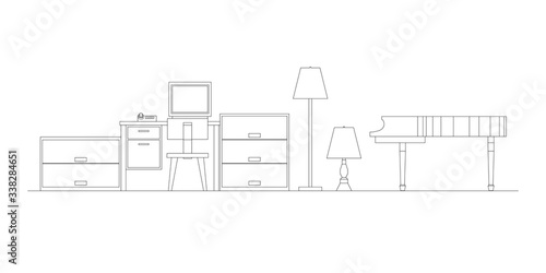 Side view of set furniture elements outline symbol for work room and living room. Interior elevation icon. Architecture design drawing. Vector illustration
