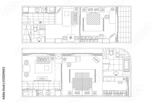 Top view of set furniture elements outline symbol for bedroom, kitchen, bathroom, dining room and living room. Interior icon bed, chair, table and sofa.