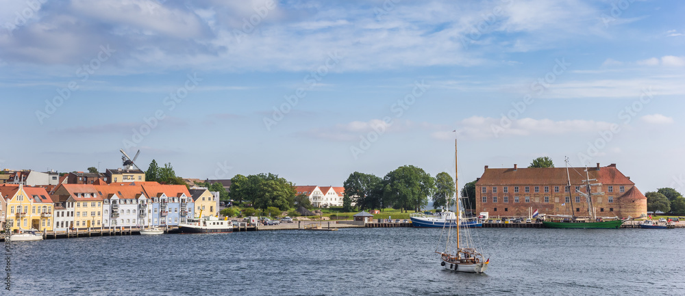 Panorama of the inner harbor with houses and castle in Sonderborg, Denmark