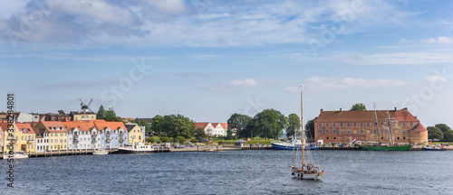 Panorama of the inner harbor with houses and castle in Sonderborg, Denmark