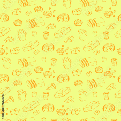 Seamless pattern dairy products, vector illustration, butter, milk, cottage cheese, cheese, cream, yogurt and berries, hand drawing, yellow and orange colors