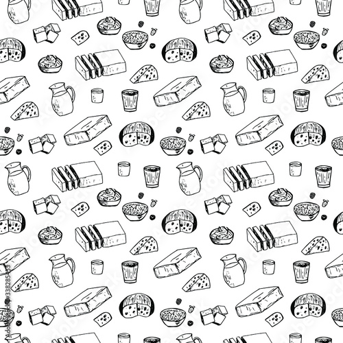 Seamless pattern dairy products, vector illustration, butter, milk, cottage cheese, cheese, cream, yogurt and berries, hand drawing