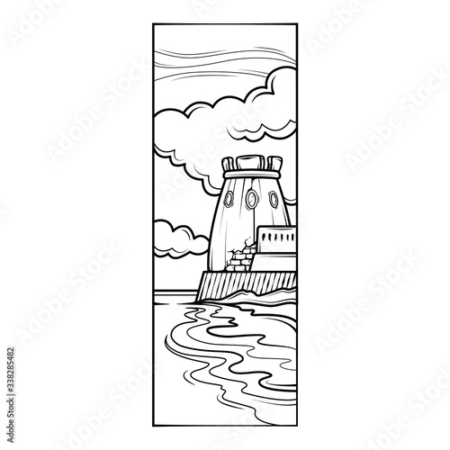 Fortress tower on the seashore, against the background of clouds. Stone breakwater.