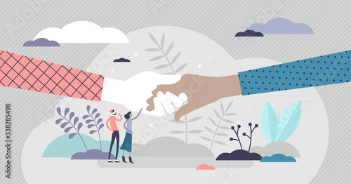 People help vector illustration. Holding hands flat tiny persons concept.