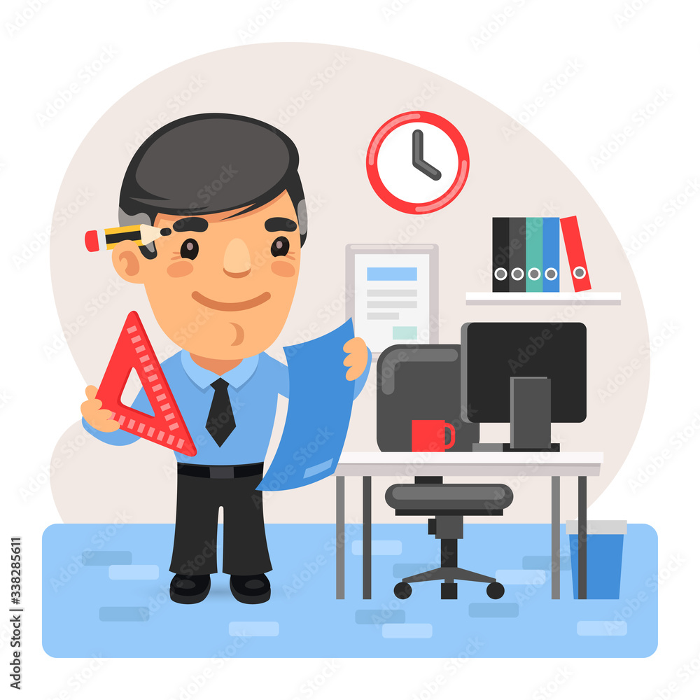 Cartoon engineer with blueprint in the office near the table. Composition with a professional. Flat male character. Cartoon engineer with blueprint in the office near the table. Composition with a professional. Flat male character.